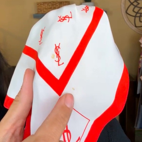 YSL Yves Saint Laurent Silk Scarf Large Multi Wear GUC Red White Monogram - Picture 7 of 12